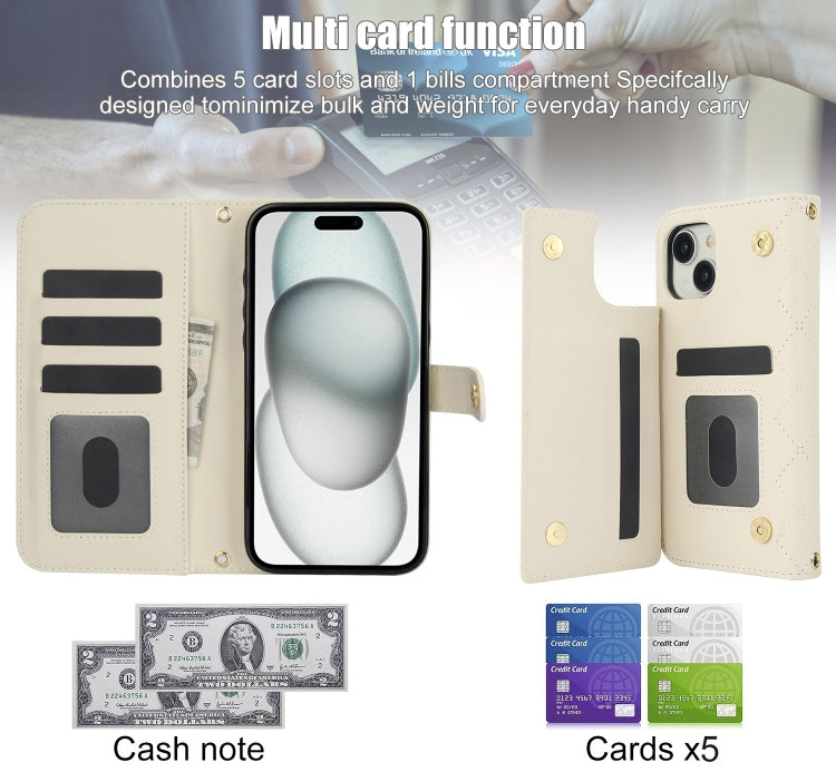 For iPhone 15 Crossbody Multifunction Rhombic Leather Phone Case(White) - iPhone 15 Cases by buy2fix | Online Shopping UK | buy2fix