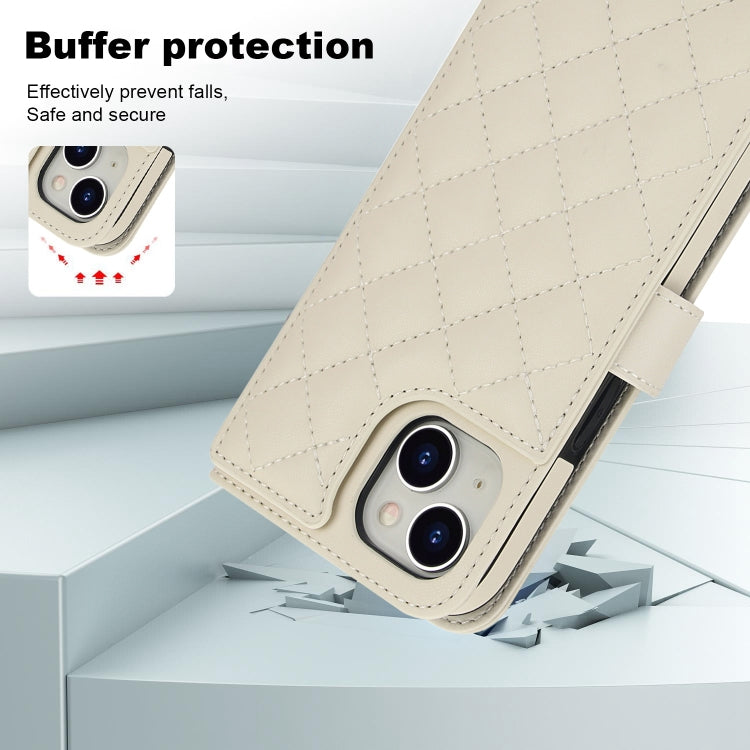 For iPhone 15 Crossbody Multifunction Rhombic Leather Phone Case(White) - iPhone 15 Cases by buy2fix | Online Shopping UK | buy2fix
