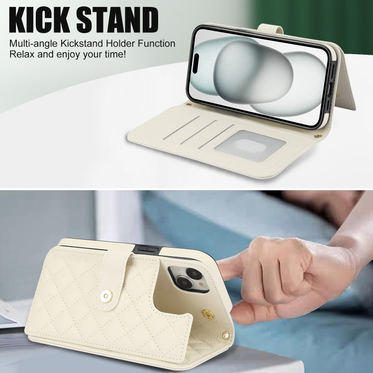 For iPhone 15 Crossbody Multifunction Rhombic Leather Phone Case(White) - iPhone 15 Cases by buy2fix | Online Shopping UK | buy2fix