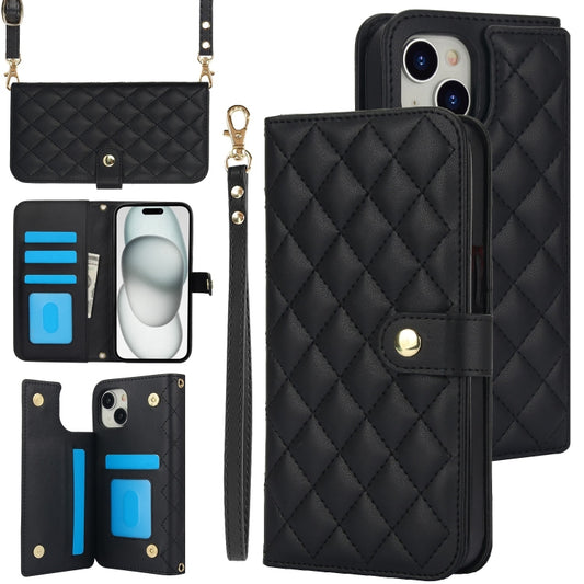 For iPhone 15 Crossbody Multifunction Rhombic Leather Phone Case(Black) - iPhone 15 Cases by buy2fix | Online Shopping UK | buy2fix