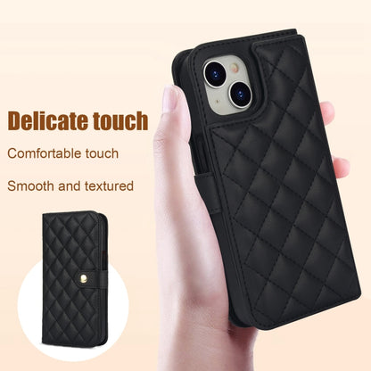 For iPhone 15 Crossbody Multifunction Rhombic Leather Phone Case(Black) - iPhone 15 Cases by buy2fix | Online Shopping UK | buy2fix