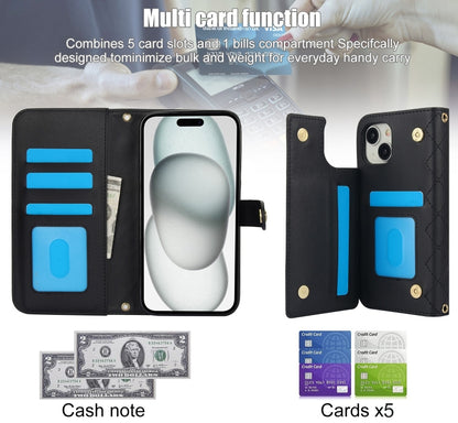 For iPhone 15 Crossbody Multifunction Rhombic Leather Phone Case(Black) - iPhone 15 Cases by buy2fix | Online Shopping UK | buy2fix
