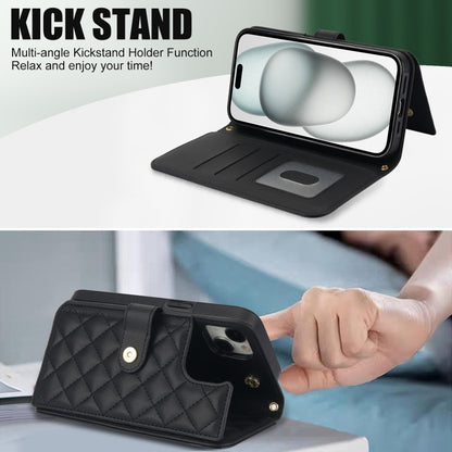 For iPhone 15 Crossbody Multifunction Rhombic Leather Phone Case(Black) - iPhone 15 Cases by buy2fix | Online Shopping UK | buy2fix