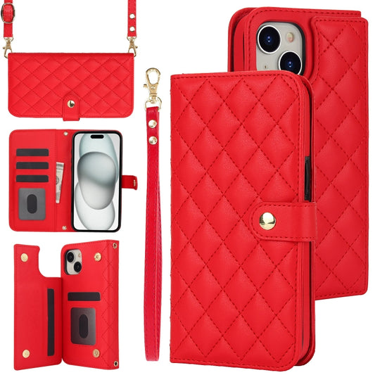 For iPhone 15 Crossbody Multifunction Rhombic Leather Phone Case(Red) - iPhone 15 Cases by buy2fix | Online Shopping UK | buy2fix