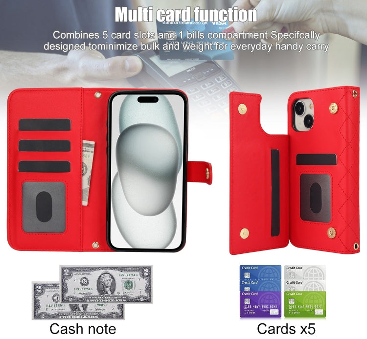 For iPhone 15 Crossbody Multifunction Rhombic Leather Phone Case(Red) - iPhone 15 Cases by buy2fix | Online Shopping UK | buy2fix