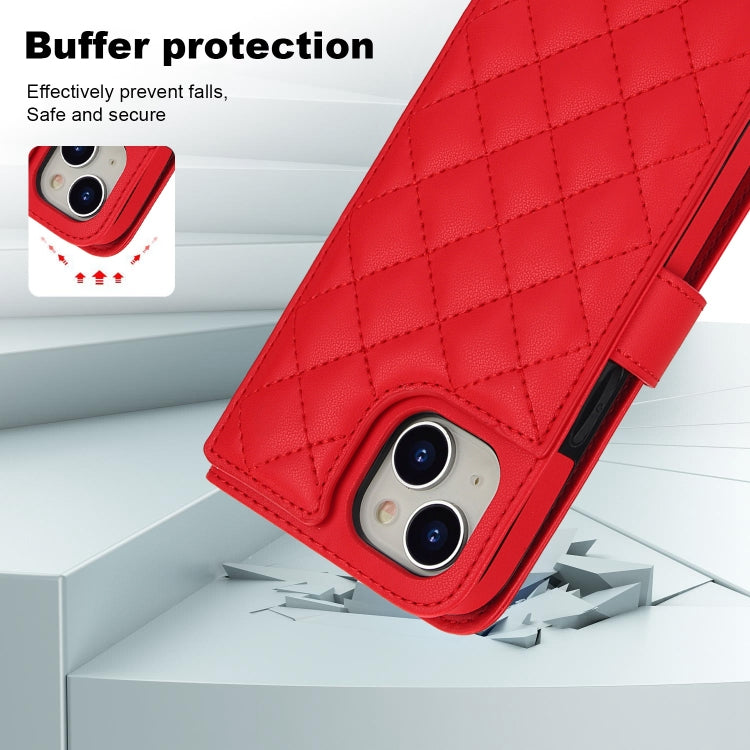 For iPhone 15 Crossbody Multifunction Rhombic Leather Phone Case(Red) - iPhone 15 Cases by buy2fix | Online Shopping UK | buy2fix