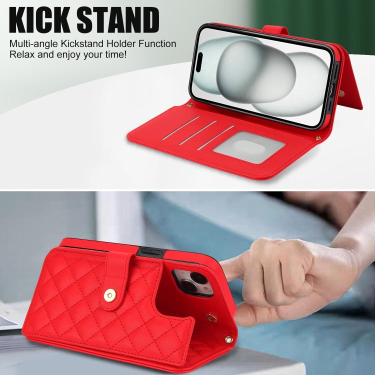 For iPhone 15 Crossbody Multifunction Rhombic Leather Phone Case(Red) - iPhone 15 Cases by buy2fix | Online Shopping UK | buy2fix
