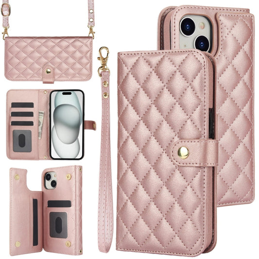 For iPhone 15 Crossbody Multifunction Rhombic Leather Phone Case(Rose Gold) - iPhone 15 Cases by buy2fix | Online Shopping UK | buy2fix