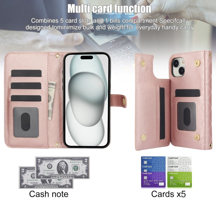 For iPhone 15 Crossbody Multifunction Rhombic Leather Phone Case(Rose Gold) - iPhone 15 Cases by buy2fix | Online Shopping UK | buy2fix