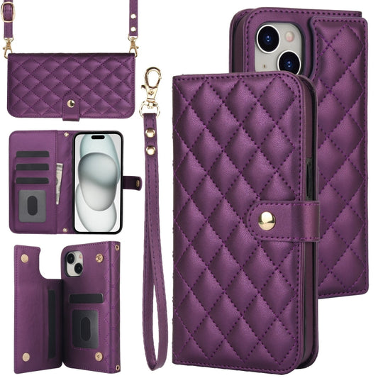For iPhone 15 Crossbody Multifunction Rhombic Leather Phone Case(Dark Purple) - iPhone 15 Cases by buy2fix | Online Shopping UK | buy2fix