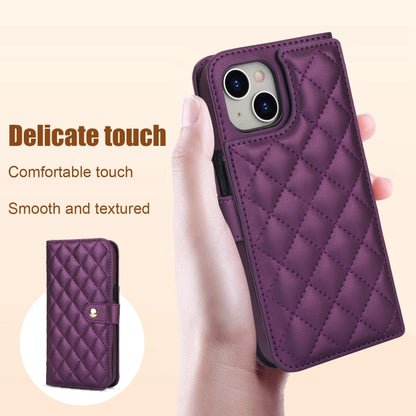 For iPhone 15 Crossbody Multifunction Rhombic Leather Phone Case(Dark Purple) - iPhone 15 Cases by buy2fix | Online Shopping UK | buy2fix