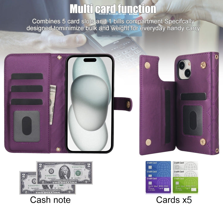 For iPhone 15 Crossbody Multifunction Rhombic Leather Phone Case(Dark Purple) - iPhone 15 Cases by buy2fix | Online Shopping UK | buy2fix