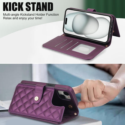For iPhone 15 Crossbody Multifunction Rhombic Leather Phone Case(Dark Purple) - iPhone 15 Cases by buy2fix | Online Shopping UK | buy2fix