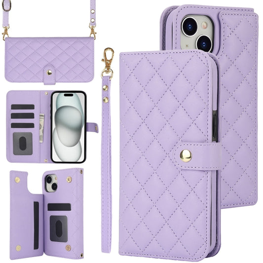 For iPhone 15 Crossbody Multifunction Rhombic Leather Phone Case(Purple) - iPhone 15 Cases by buy2fix | Online Shopping UK | buy2fix