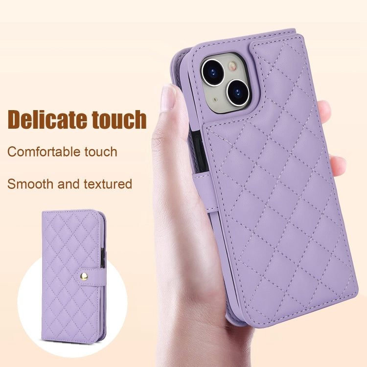 For iPhone 15 Crossbody Multifunction Rhombic Leather Phone Case(Purple) - iPhone 15 Cases by buy2fix | Online Shopping UK | buy2fix