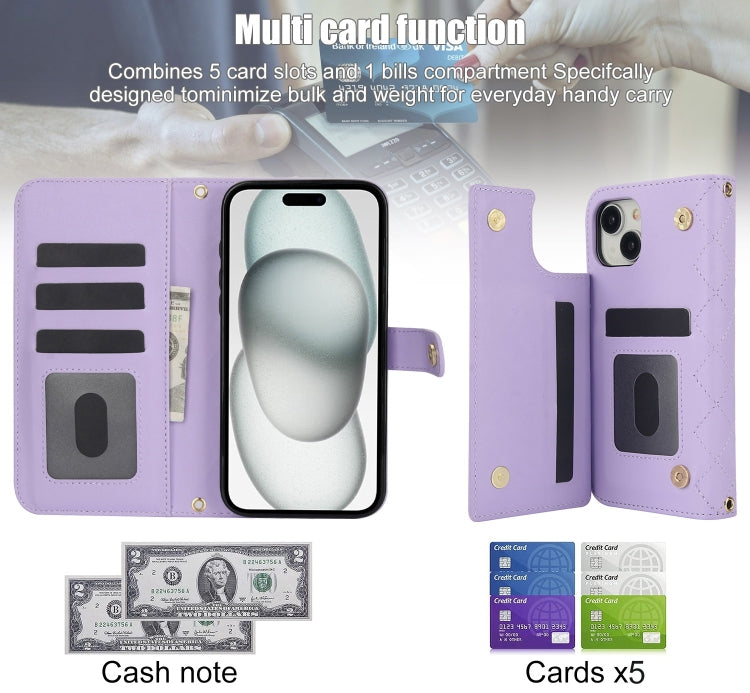 For iPhone 15 Crossbody Multifunction Rhombic Leather Phone Case(Purple) - iPhone 15 Cases by buy2fix | Online Shopping UK | buy2fix