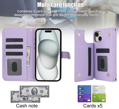 For iPhone 15 Crossbody Multifunction Rhombic Leather Phone Case(Purple) - iPhone 15 Cases by buy2fix | Online Shopping UK | buy2fix