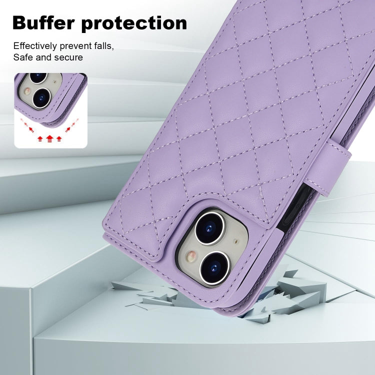 For iPhone 15 Crossbody Multifunction Rhombic Leather Phone Case(Purple) - iPhone 15 Cases by buy2fix | Online Shopping UK | buy2fix