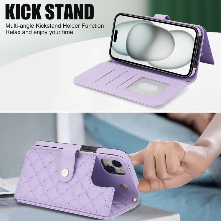 For iPhone 15 Crossbody Multifunction Rhombic Leather Phone Case(Purple) - iPhone 15 Cases by buy2fix | Online Shopping UK | buy2fix