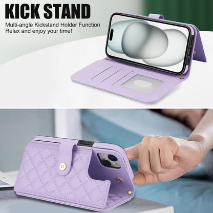 For iPhone 15 Crossbody Multifunction Rhombic Leather Phone Case(Purple) - iPhone 15 Cases by buy2fix | Online Shopping UK | buy2fix