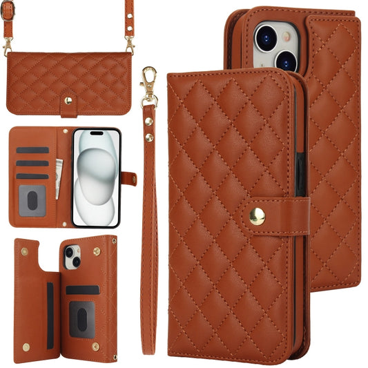 For iPhone 15 Crossbody Multifunction Rhombic Leather Phone Case(Brown) - iPhone 15 Cases by buy2fix | Online Shopping UK | buy2fix