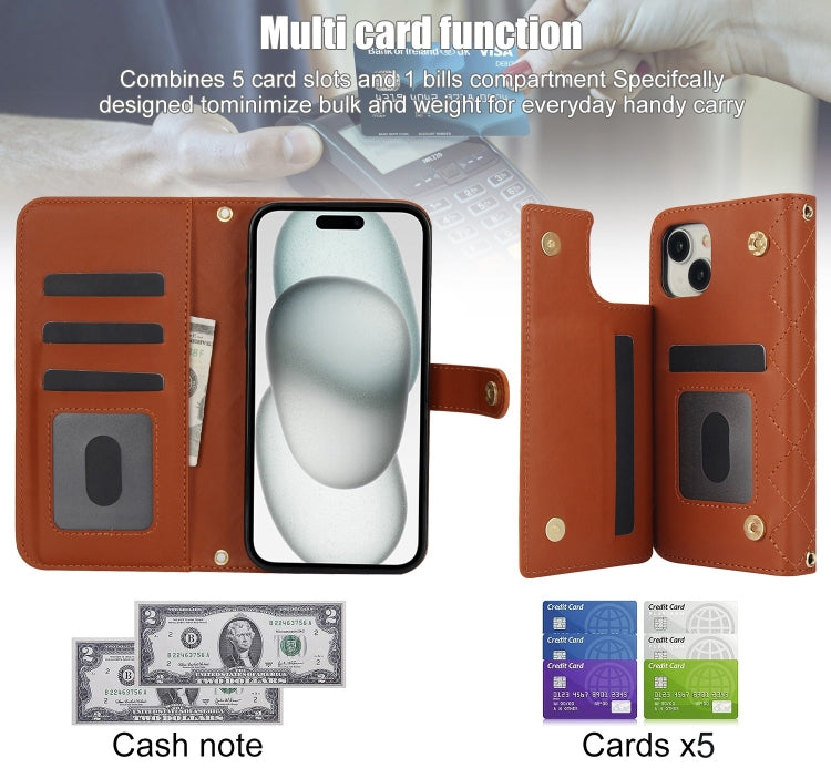 For iPhone 15 Crossbody Multifunction Rhombic Leather Phone Case(Brown) - iPhone 15 Cases by buy2fix | Online Shopping UK | buy2fix