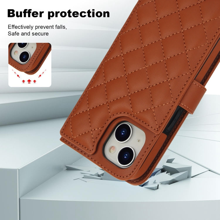 For iPhone 15 Crossbody Multifunction Rhombic Leather Phone Case(Brown) - iPhone 15 Cases by buy2fix | Online Shopping UK | buy2fix
