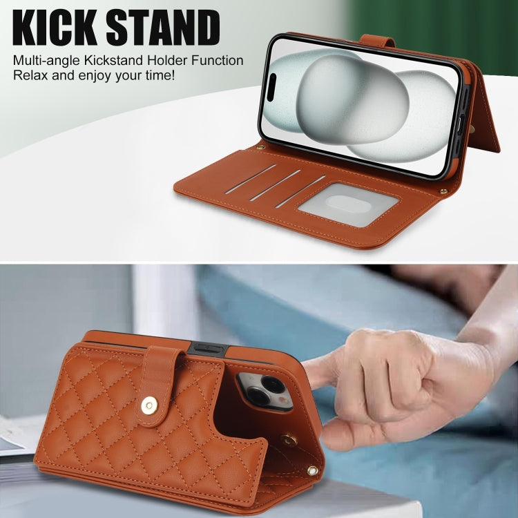 For iPhone 15 Crossbody Multifunction Rhombic Leather Phone Case(Brown) - iPhone 15 Cases by buy2fix | Online Shopping UK | buy2fix