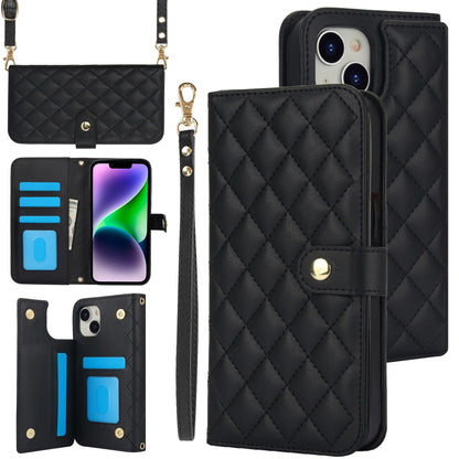 For iPhone 14 / 13 Crossbody Multifunction Rhombic Leather Phone Case(Black) - iPhone 14 Cases by buy2fix | Online Shopping UK | buy2fix