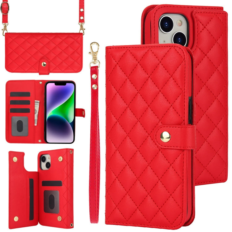 For iPhone 14 / 13 Crossbody Multifunction Rhombic Leather Phone Case(Red) - iPhone 14 Cases by buy2fix | Online Shopping UK | buy2fix