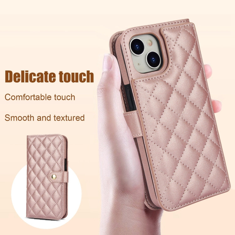 For iPhone 14 / 13 Crossbody Multifunction Rhombic Leather Phone Case(Rose Gold) - iPhone 14 Cases by buy2fix | Online Shopping UK | buy2fix
