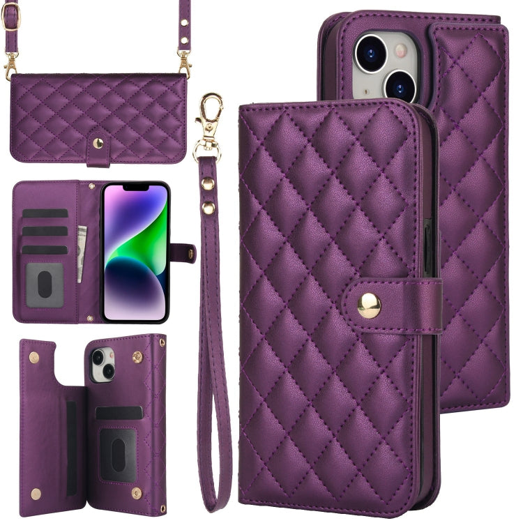 For iPhone 14 / 13 Crossbody Multifunction Rhombic Leather Phone Case(Dark Purple) - iPhone 14 Cases by buy2fix | Online Shopping UK | buy2fix