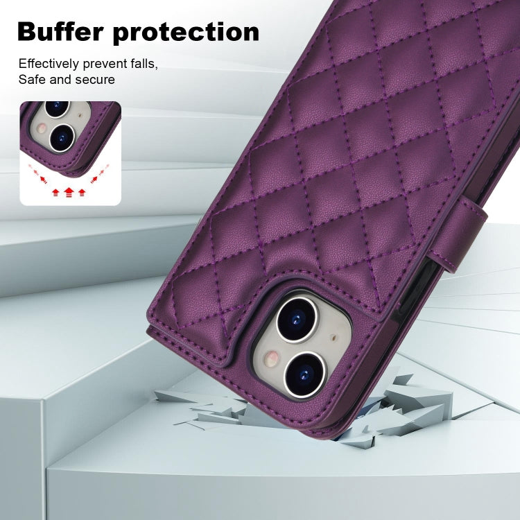 For iPhone 14 / 13 Crossbody Multifunction Rhombic Leather Phone Case(Dark Purple) - iPhone 14 Cases by buy2fix | Online Shopping UK | buy2fix