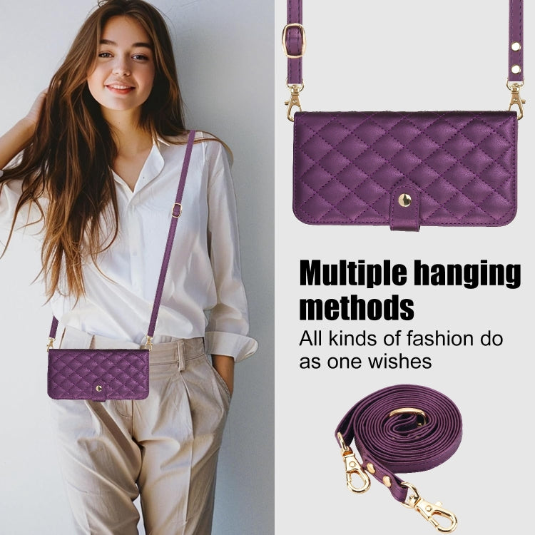 For iPhone 14 / 13 Crossbody Multifunction Rhombic Leather Phone Case(Dark Purple) - iPhone 14 Cases by buy2fix | Online Shopping UK | buy2fix