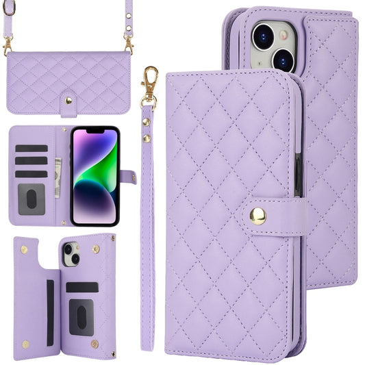 For iPhone 14 / 13 Crossbody Multifunction Rhombic Leather Phone Case(Purple) - iPhone 14 Cases by buy2fix | Online Shopping UK | buy2fix