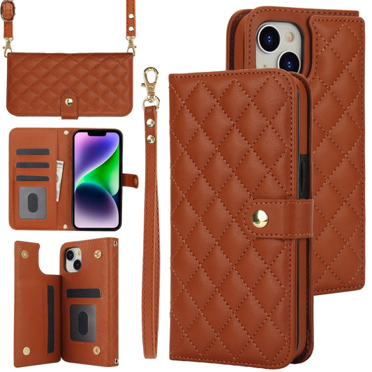 For iPhone 14 / 13 Crossbody Multifunction Rhombic Leather Phone Case(Brown) - iPhone 14 Cases by buy2fix | Online Shopping UK | buy2fix