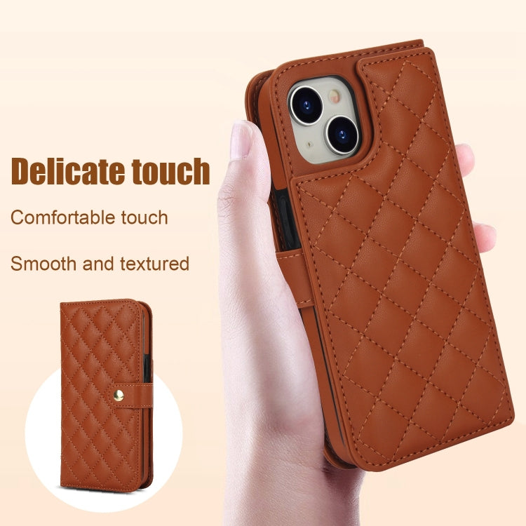 For iPhone 14 / 13 Crossbody Multifunction Rhombic Leather Phone Case(Brown) - iPhone 14 Cases by buy2fix | Online Shopping UK | buy2fix