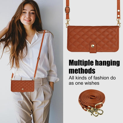 For iPhone 14 / 13 Crossbody Multifunction Rhombic Leather Phone Case(Brown) - iPhone 14 Cases by buy2fix | Online Shopping UK | buy2fix