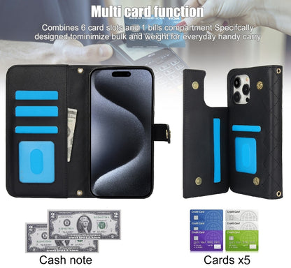 For iPhone 14 Pro Max Crossbody Multifunction Rhombic Leather Phone Case(Black) - iPhone 14 Pro Max Cases by buy2fix | Online Shopping UK | buy2fix