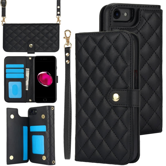 For iPhone 7 / 8 / SE 2022 Crossbody Multifunction Rhombic Leather Phone Case(Black) - iPhone SE 2022 / 2020 / 8 / 7 Cases by buy2fix | Online Shopping UK | buy2fix
