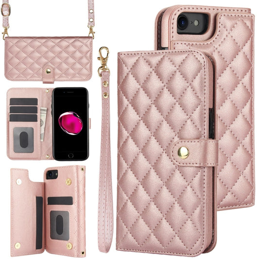 For iPhone 7 / 8 / SE 2022 Crossbody Multifunction Rhombic Leather Phone Case(Rose Gold) - iPhone SE 2022 / 2020 / 8 / 7 Cases by buy2fix | Online Shopping UK | buy2fix