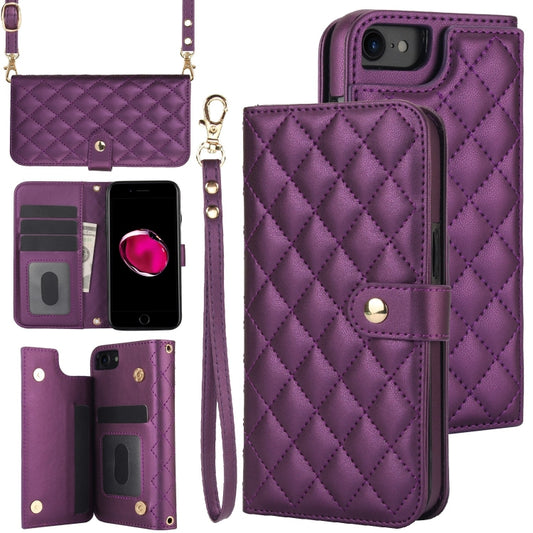 For iPhone 7 / 8 / SE 2022 Crossbody Multifunction Rhombic Leather Phone Case(Dark Purple) - iPhone SE 2022 / 2020 / 8 / 7 Cases by buy2fix | Online Shopping UK | buy2fix