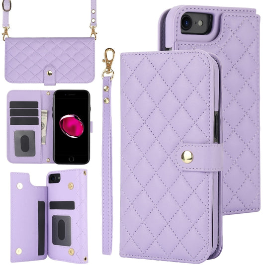 For iPhone 7 / 8 / SE 2022 Crossbody Multifunction Rhombic Leather Phone Case(Purple) - iPhone SE 2022 / 2020 / 8 / 7 Cases by buy2fix | Online Shopping UK | buy2fix