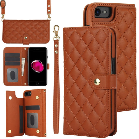 For iPhone 7 / 8 / SE 2022 Crossbody Multifunction Rhombic Leather Phone Case(Brown) - iPhone SE 2022 / 2020 / 8 / 7 Cases by buy2fix | Online Shopping UK | buy2fix