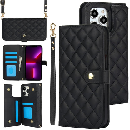 For iPhone 13 Pro Max Crossbody Multifunction Rhombic Leather Phone Case(Black) - iPhone 13 Pro Max Cases by buy2fix | Online Shopping UK | buy2fix
