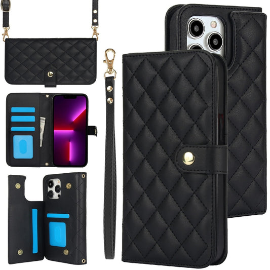 For iPhone 13 Pro Max Crossbody Multifunction Rhombic Leather Phone Case(Black) - iPhone 13 Pro Max Cases by buy2fix | Online Shopping UK | buy2fix