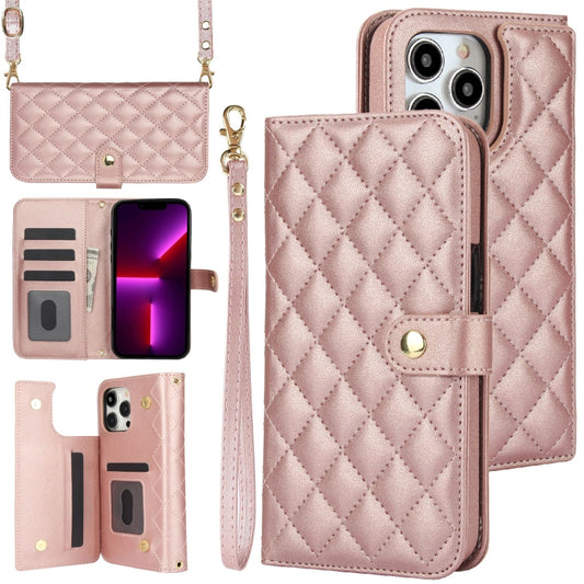 For iPhone 13 Pro Max Crossbody Multifunction Rhombic Leather Phone Case(Rose Gold) - iPhone 13 Pro Max Cases by buy2fix | Online Shopping UK | buy2fix