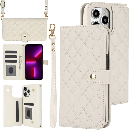 For iPhone 13 Pro Crossbody Multifunction Rhombic Leather Phone Case(White) - iPhone 13 Pro Cases by buy2fix | Online Shopping UK | buy2fix