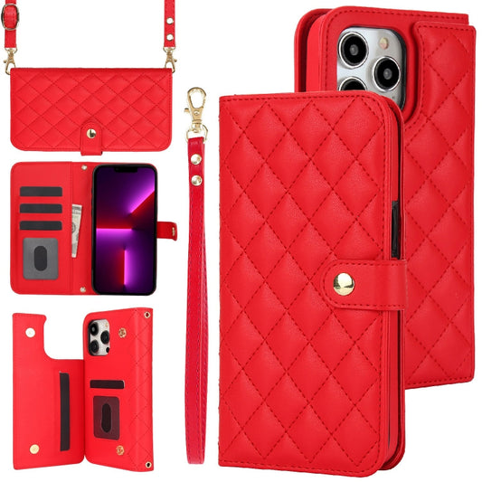 For iPhone 13 Pro Crossbody Multifunction Rhombic Leather Phone Case(Red) - iPhone 13 Pro Cases by buy2fix | Online Shopping UK | buy2fix