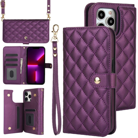 For iPhone 13 Pro Crossbody Multifunction Rhombic Leather Phone Case(Dark Purple) - iPhone 13 Pro Cases by buy2fix | Online Shopping UK | buy2fix